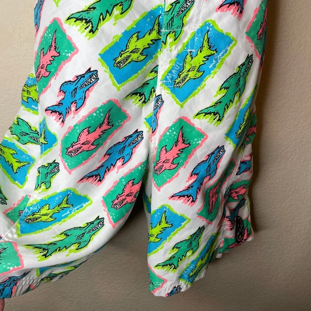 Maui and Sons Vintage 80s Neon Shark Board Shorts Size 32
